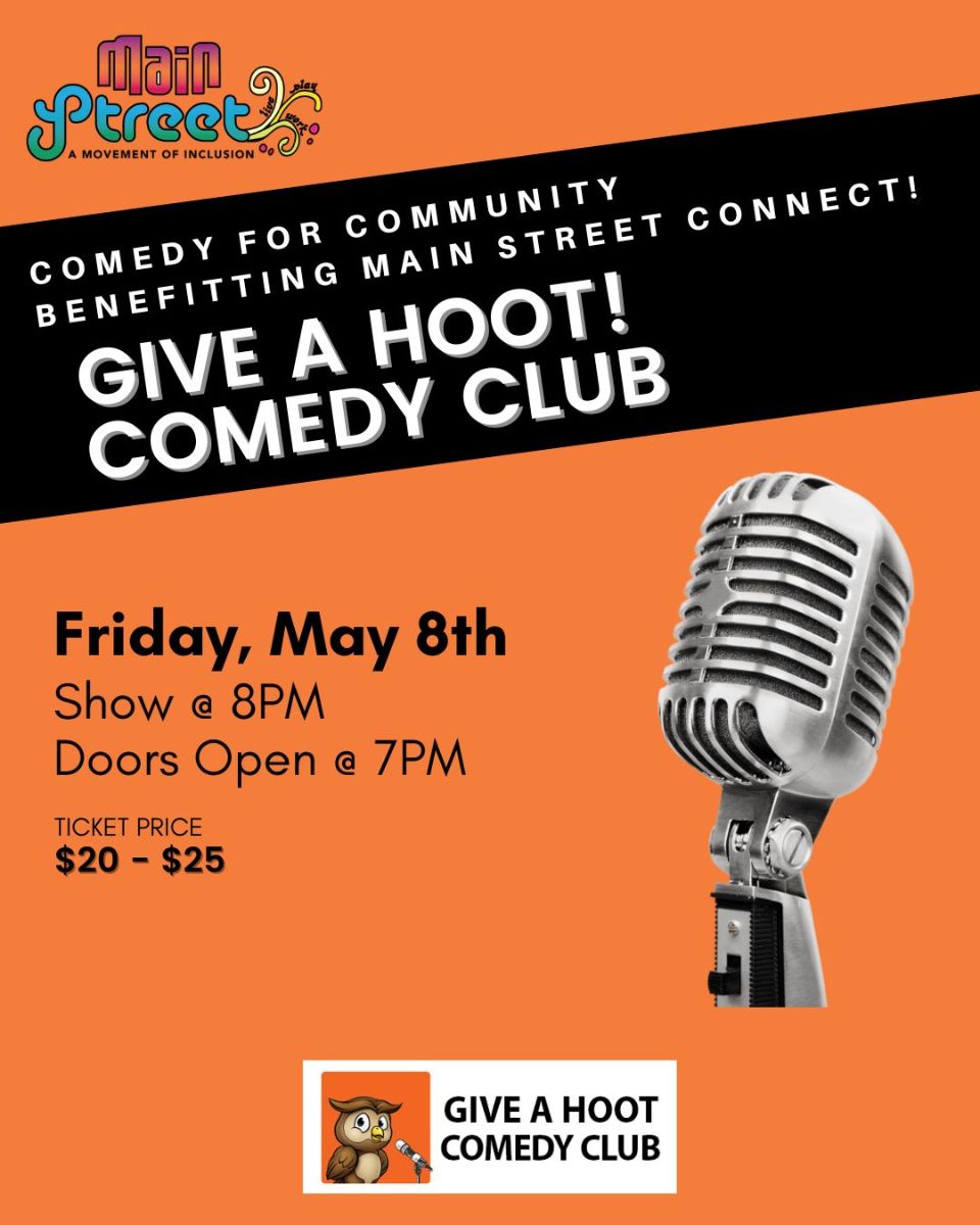 Give a Hoot Comedy Club Fundraiser flyer Friday May 8 Doors Open 7pm Ticket Price $20-$25