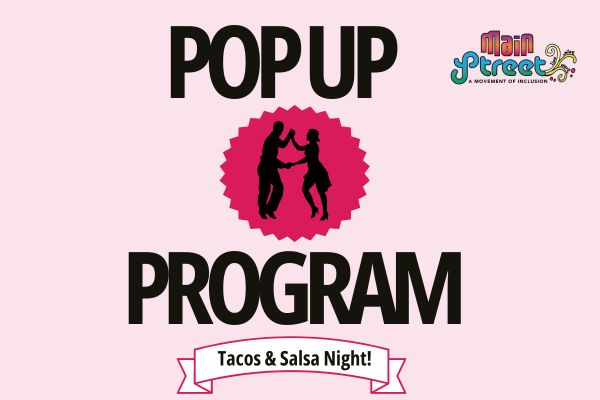 Logo with pink background with big bold black letters that state Pop up program Tacos and Salsa with a graphic of two people salsa dancing