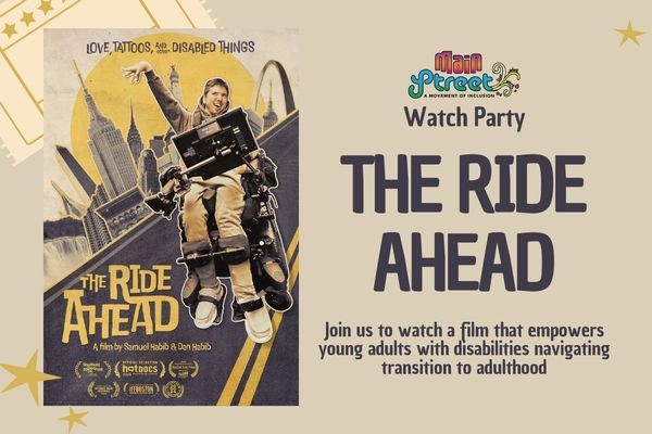 Postcard for The Ride Ahead, portraying Samuel Habib in his wheelchair against a city backdrop